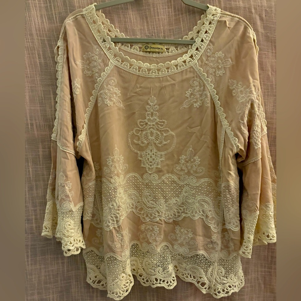Democracy Pink Lace Trim Blouse with 3/4 Sleeves